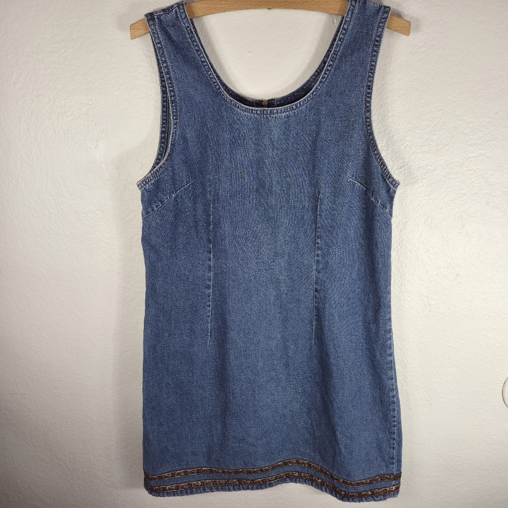 Vintage Eric Charles Denim Mini Shift Dress SizeM Sleveless Pasley Strap Detail